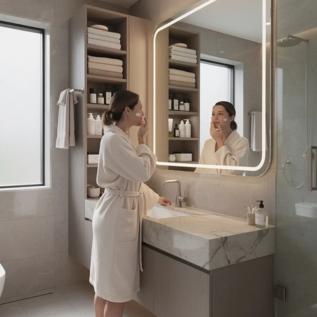 Кухня с многофункциональными шкафами и яркими светильниками для оптимизации пространства.