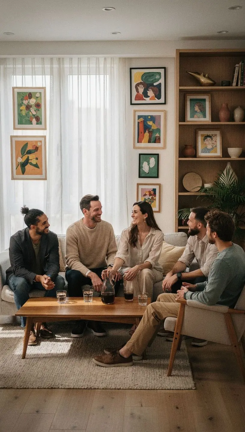 Светлая гостиная с стильными полками и мягким освещением для создания атмосферы.